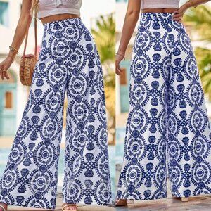 High Waist Wide Leg Pants, Boho Allover Print comfy Wide Leg Pants